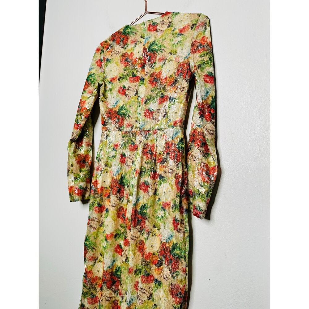 ROSETTA GETTY Multicolored Floral Crepe De Chine Sequin Long Sleeve Gown Size 0 - Picture 10 of 16